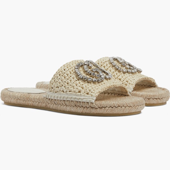 Authentic Gucci Cora Crystal GG Logo Espadrille Slide Sandal Raffia New 7US 37EU - Picture 2 of 11
